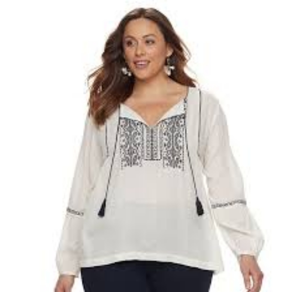 Sonoma Boho White Black Embroidery Detail Bell Long Sleeve Blouse Sz S